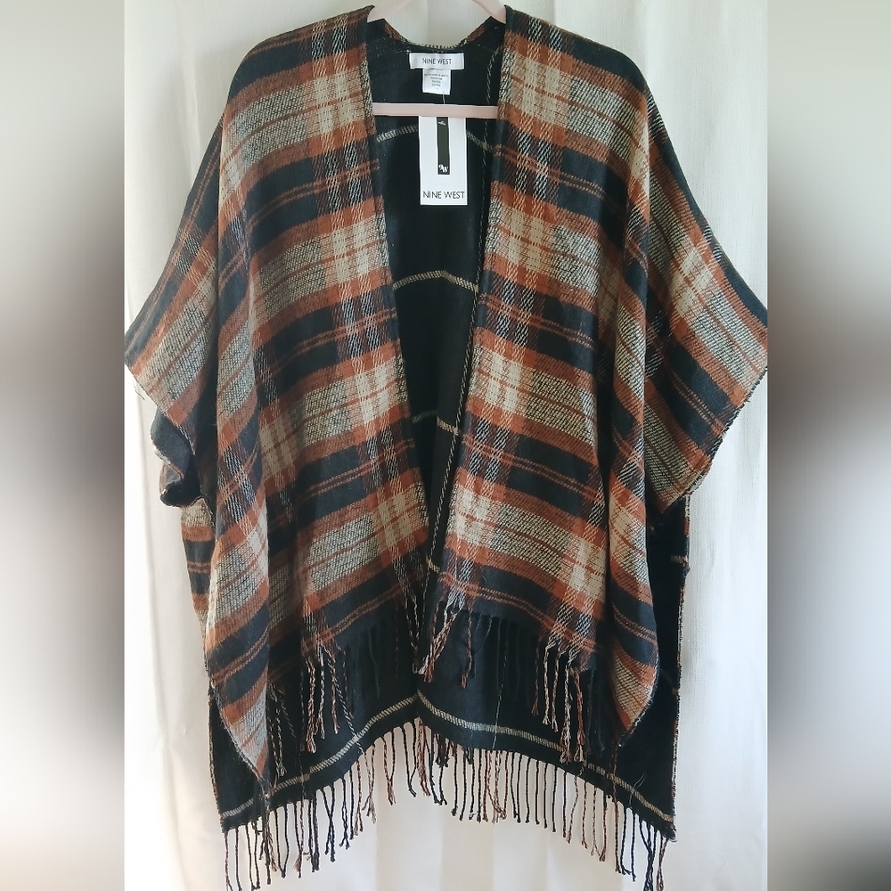 Nine West Plaid Poncho with Fringe